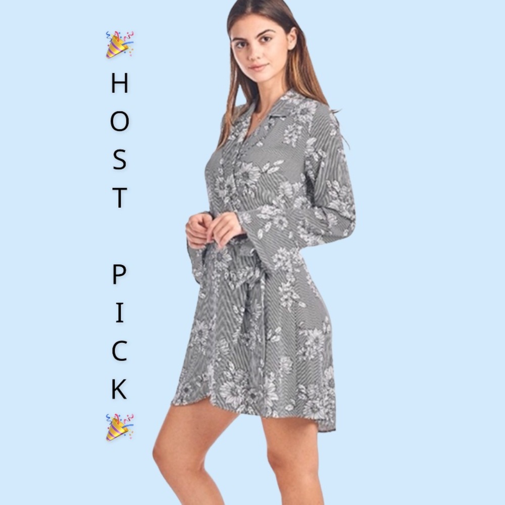 ❌DONATED❌Black White Stripe Floral Print V-neck Wrap Dress - Picture 1 of 11
